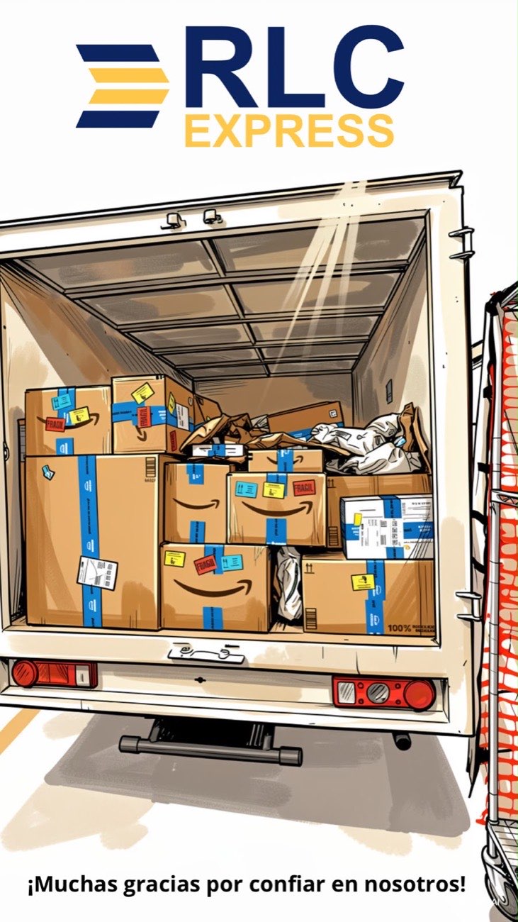 Ilustración de la caja de una unidad de RLC Express llena de paquetes listos para entrega